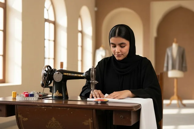 خياطة إماراتية تستخدم ماكينة خياطة قديمة في ورشة