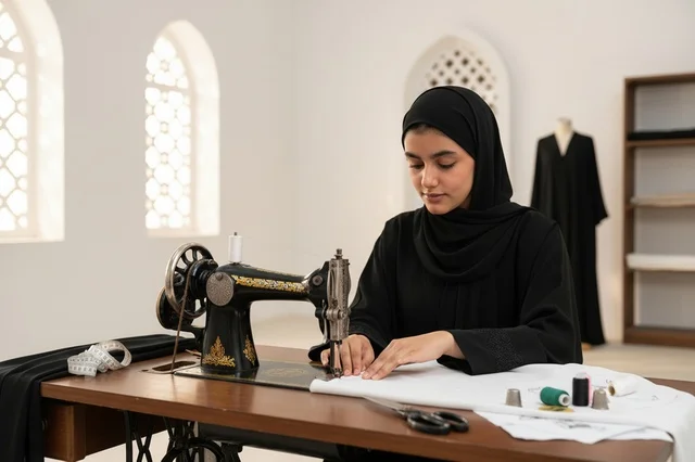 خياطة عربية ترتدي العباءة تستخدم آلة خياطة قديمة في المشغل