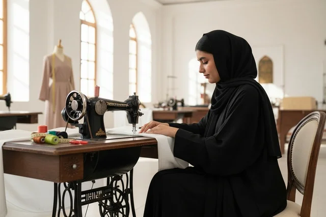 Emirati Woman Sewing in Abaya with Vintage Machine