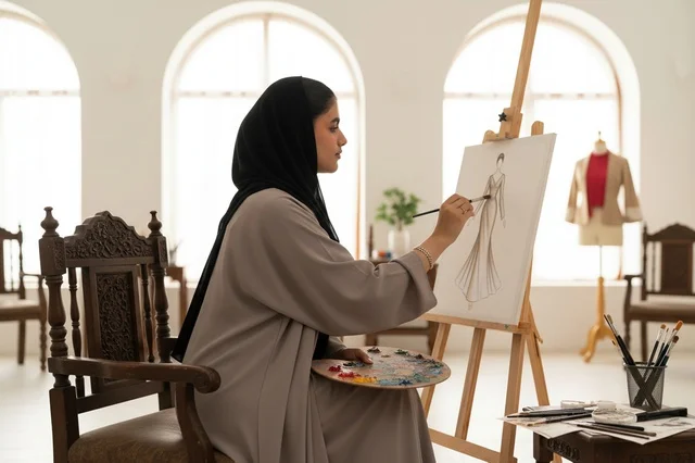 Saudi Female Artist Painting Fashion Sketch in Abaya