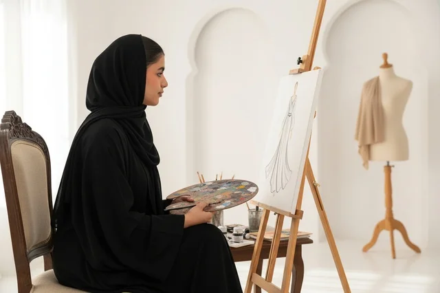 Emirati Female Fashion Designer Sketching in Studio