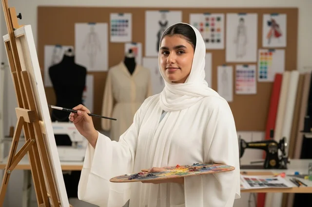 فنانة سعودية بالعباءة البيضاء ترسم في استوديو التصميم