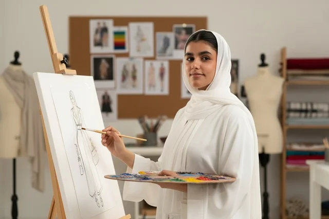 Emirati Fashion Designer Painting in Studio