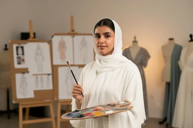 مصممة أزياء سعودية في المرسم مع لوحة ألوان