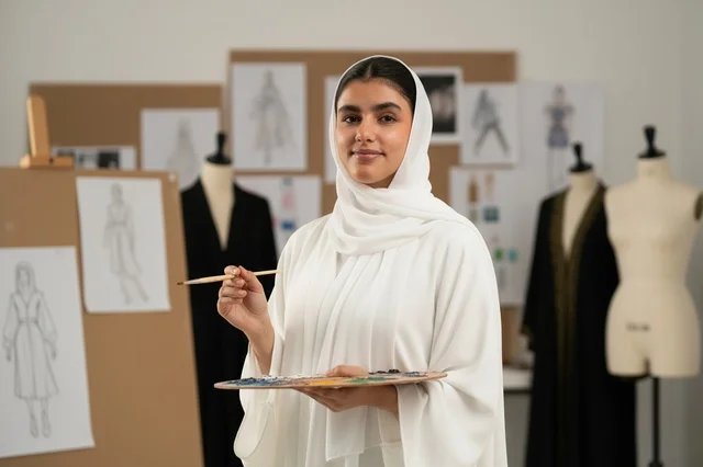 فنانة إماراتية بالعباءة البيضاء في مرسمها الفني