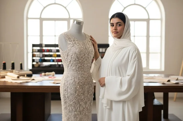 مصممة أزياء سعودية مع فستان زفاف في مشغل خياطة