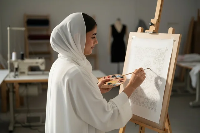 فنانة إماراتية ترسم بالعباءة البيضاء في استوديو