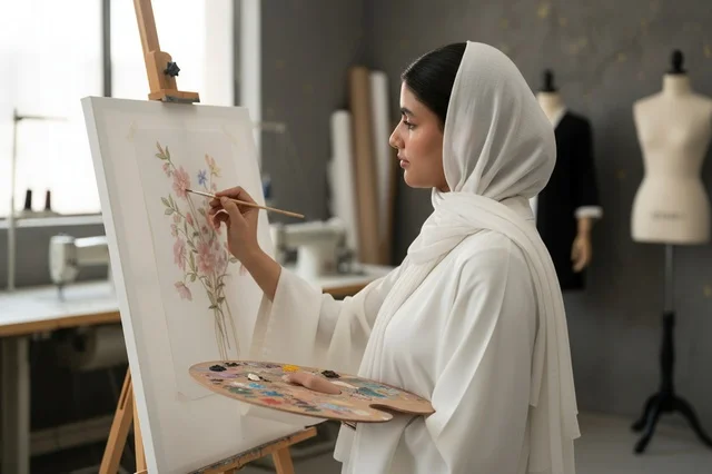 Emirati Woman Painting Floral Art in Studio