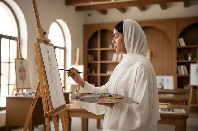 Saudi Woman Artist Painting in Studio with White Abaya Saudi Woman Artist Painting in Studio with White Abaya