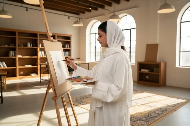 Saudi Woman Painting in White Abaya at Art Studio