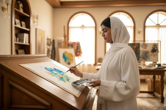 فنانة إماراتية ترسم بالعباءة البيضاء والحجاب
