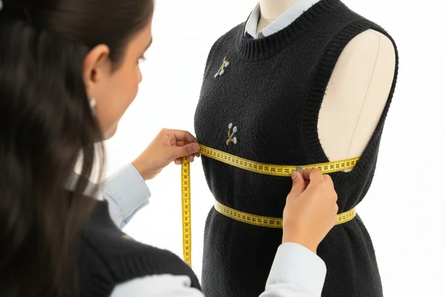 Saudi Female Tailor Measuring Vest on Mannequin