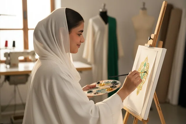Saudi Female Artist in White Abaya Painting on Canvas