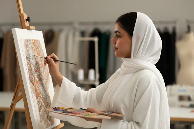 Emirati Female Artist in White Abaya Painting