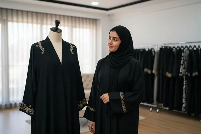 مصممة أزياء سعودية مع عباية مطرزة في مشغل