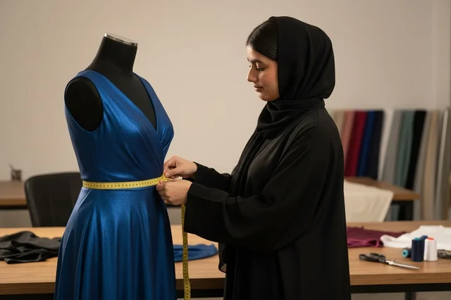 Arab Seamstress Measuring Dress on Mannequin in Studio
