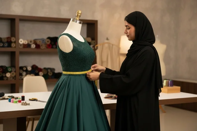 Saudi Female Tailor Measuring Green Dress on Mannequin