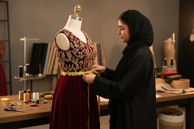 Emirati Fashion Designer Measuring Dress in Workshop