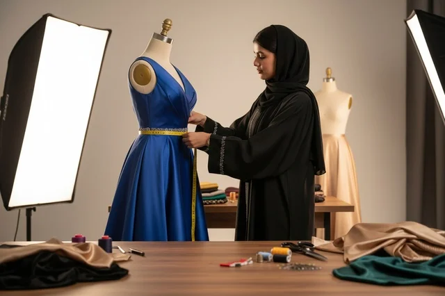 Emirati Fashion Designer Measuring Dress in Studio