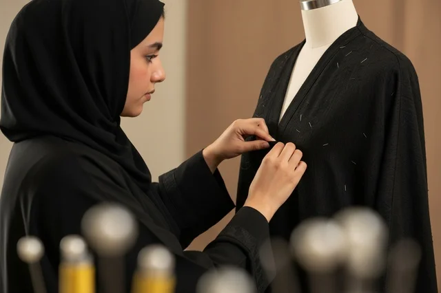 مصممة أزياء سعودية تعدل عباية على المانيكان