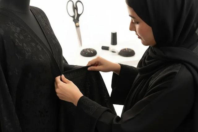 مصممة أزياء إماراتية تعدل عباءة سوداء على مانيكان مصممة أزياء إماراتية تعدل عباءة سوداء على مانيكان
