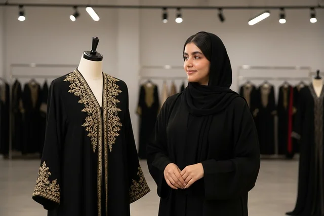 امرأة إماراتية بالعباءة في متجر أزياء