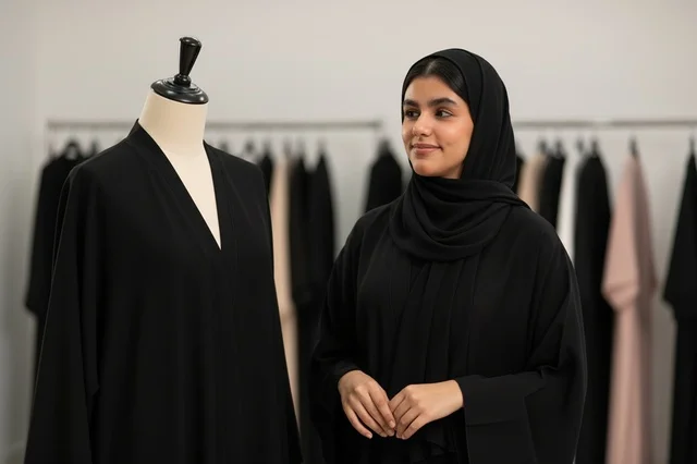مصممة أزياء سعودية مع عباية على مانيكان
