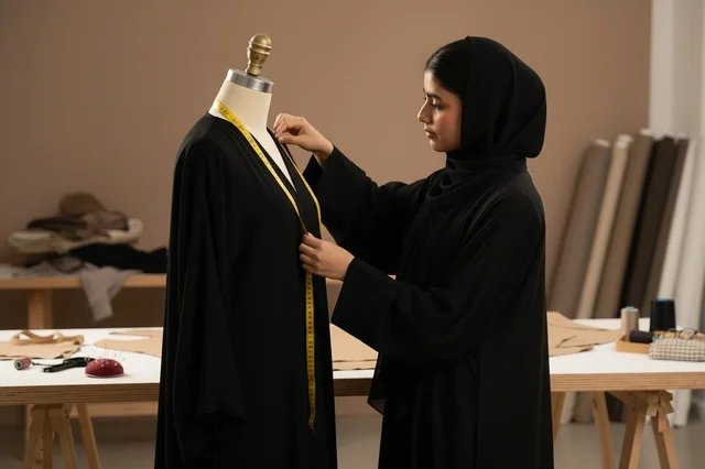 مصممة أزياء عربية تقيس العباءة في مشغل خياطة