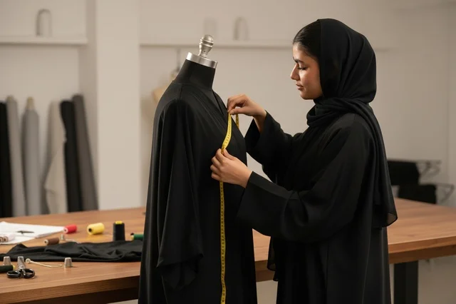 مصممة أزياء إماراتية تقيس عباءة سوداء في مشغل