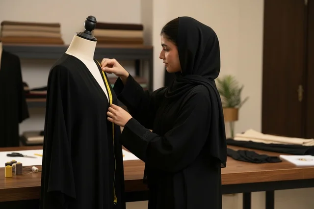 Saudi Female Fashion Designer Measuring Abaya in Workshop