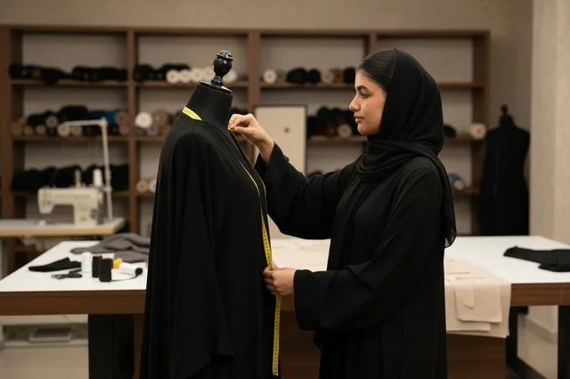 Saudi Female Fashion Designer Measuring Black Abaya