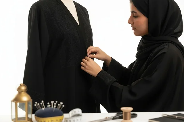 مصممة أزياء سعودية تعمل على تفصيل عباءة سوداء