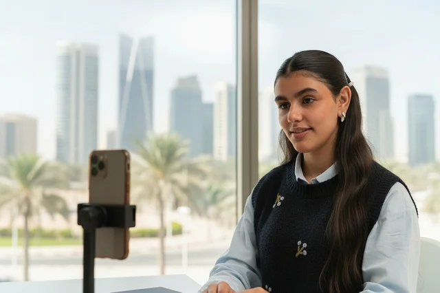 Saudi Woman Vlogging in Office with City Skyline