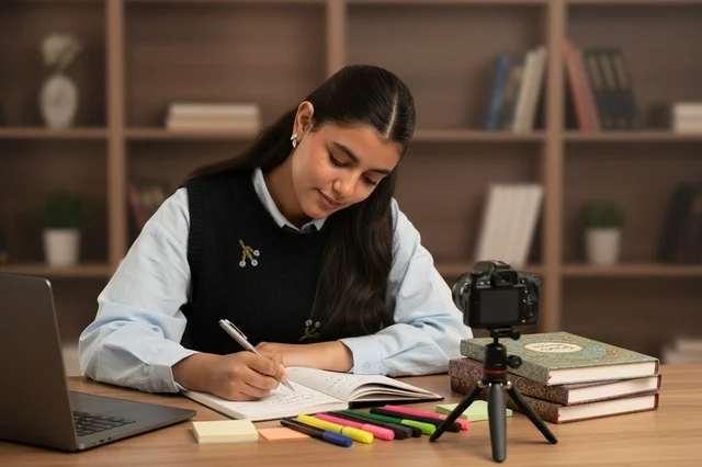 Saudi Student in Uniform Writing for Video Blog
