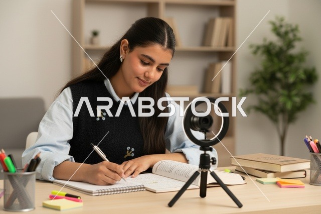 Arab Student Recording Study Vlog with Ring Light
