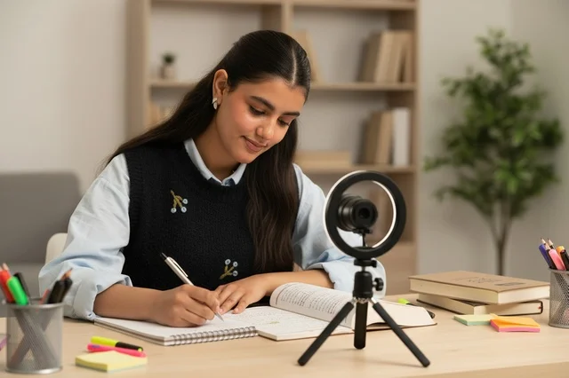 Arab Student Recording Study Vlog with Ring Light