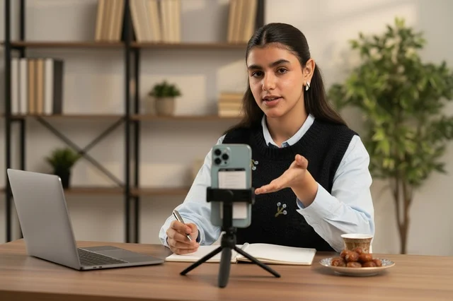 Arab Woman Content Creator Recording Video at Home