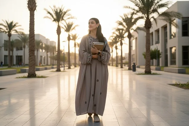 امرأة سعودية بالعباءة السوداء تحمل كتبا في مكتب