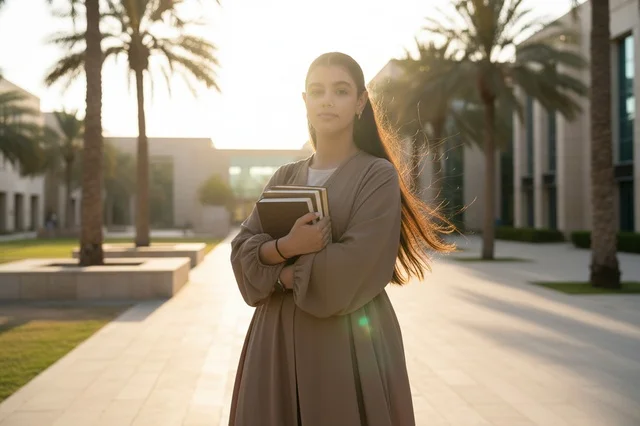 امرأة سعودية بالعباءة السوداء تحمل كتبا في مكتب