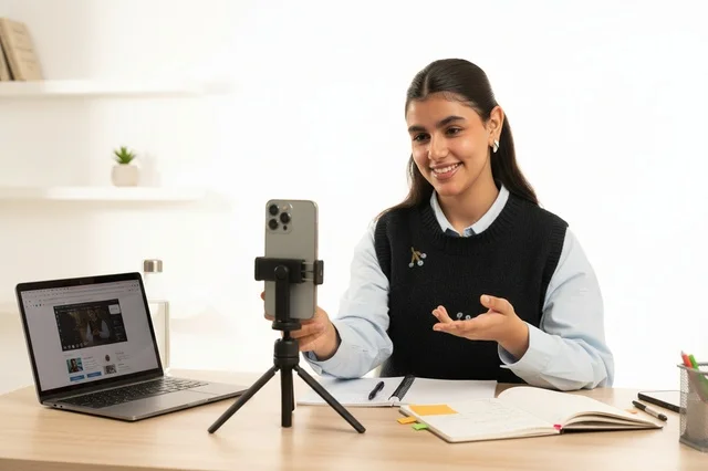 A Saudi woman is filming a video in an office overlooking the city.