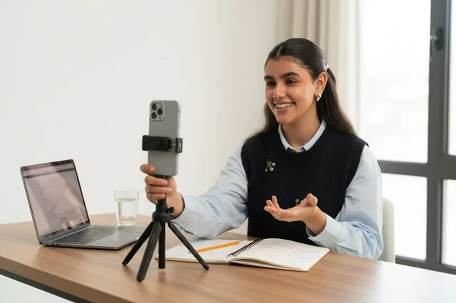 Arab Woman Recording Content on Smartphone at Desk
