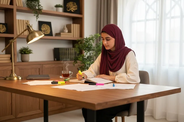 A Saudi woman is writing in a notebook on the desk. A Saudi woman is writing in a notebook on the desk.