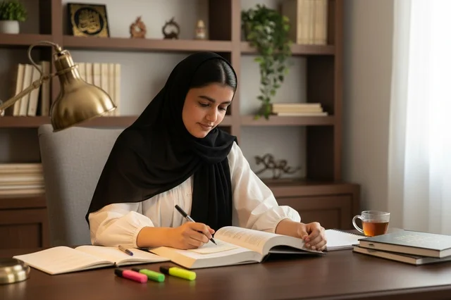 امرأة سعودية تكتب في دفتر ملاحظات على المكتب امرأة سعودية تكتب في دفتر ملاحظات على المكتب