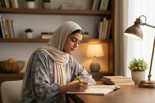 Saudi Woman Writing in Notebook at Desk Indoors