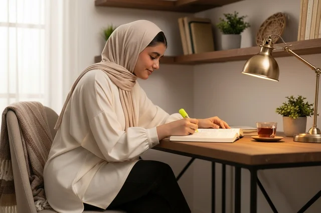 Saudi Woman Writing at Desk with Hijab