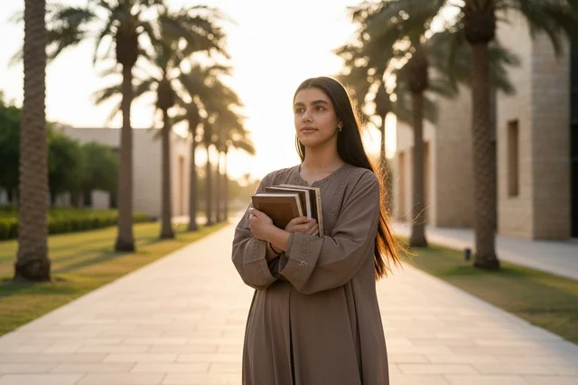 امرأة سعودية بالعباءة السوداء تحمل كتبا في مكتب