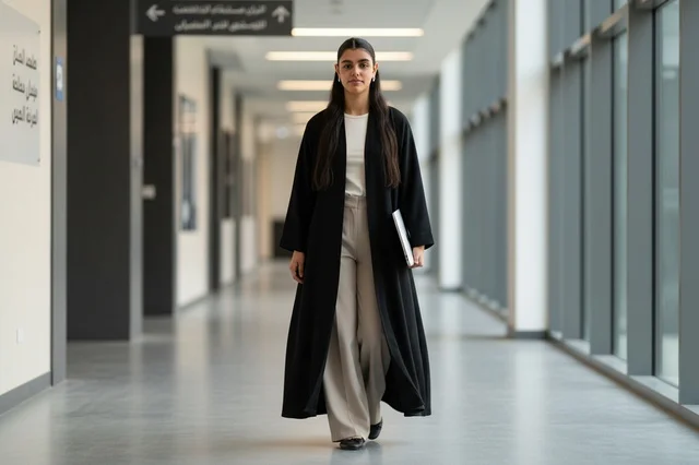 امرأة سعودية بالعباءة تمشي في ممر مكتب حديث