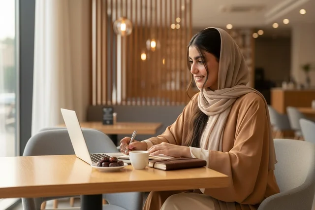 A Saudi woman is writing in a notebook on the desk.