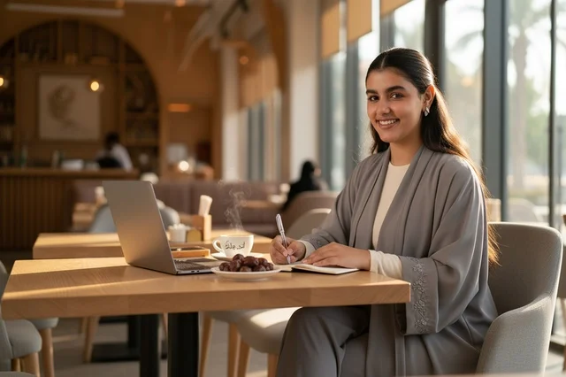 امرأة سعودية بالعباءة تعمل على لابتوب في مقهى