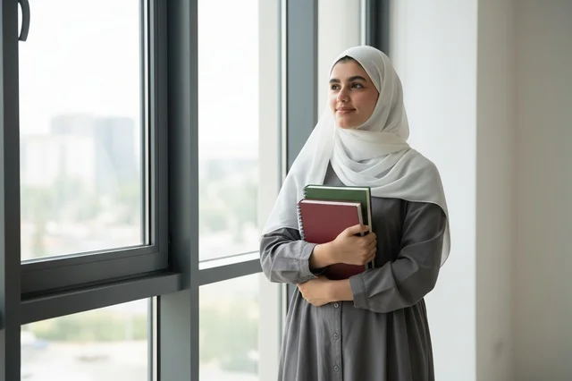 امرأة عربية بالحجاب تحمل كتباً في الداخل